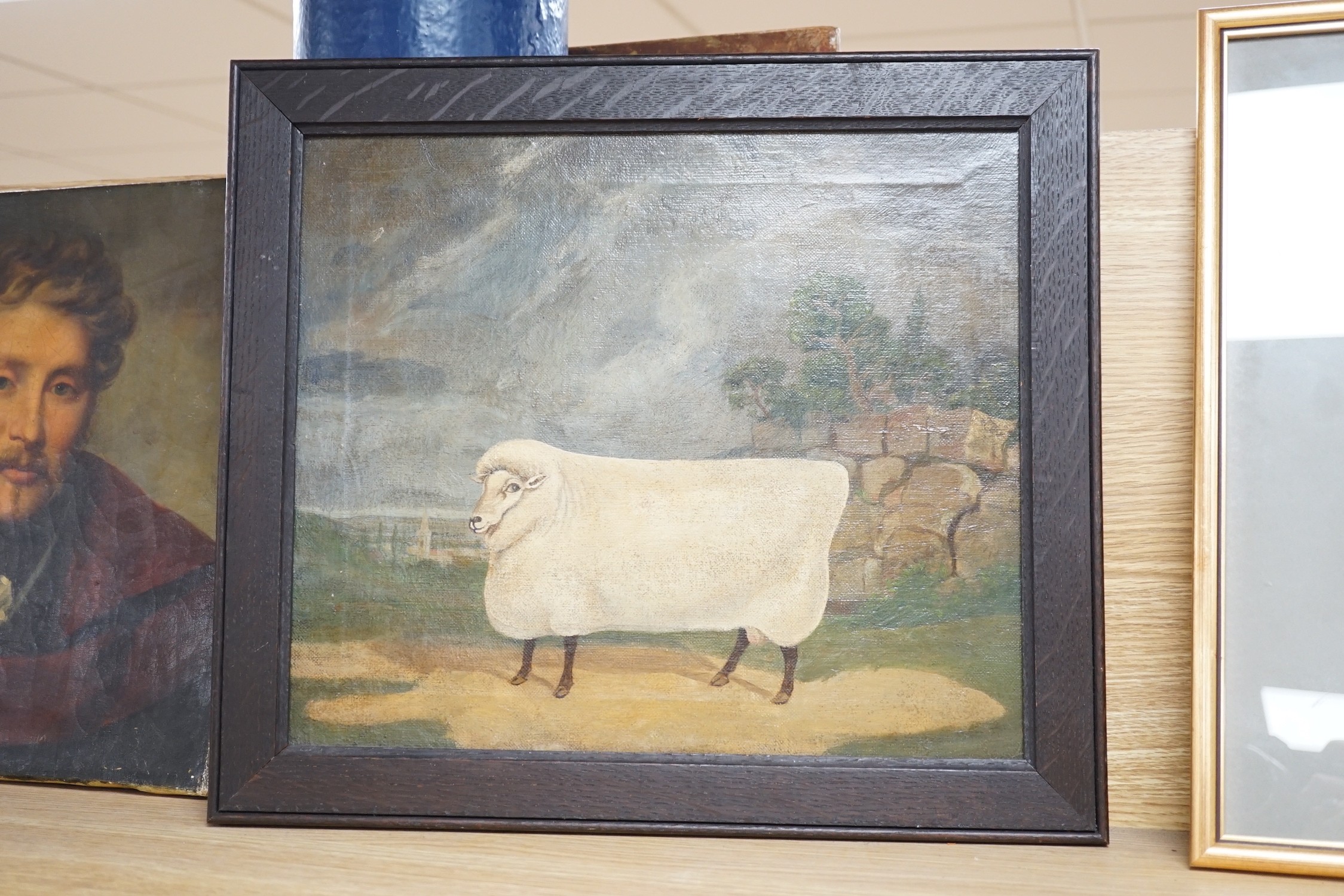 19th century English School, oil on canvas, Primitive study of a 'Prize Ram', 30 x 35cm
